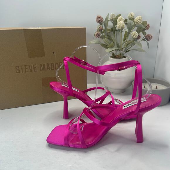 Steve Madden Brendi Strappy Satin Square Toe Heel Fuchsia Women 10 Tried On - Picture 6 of 11